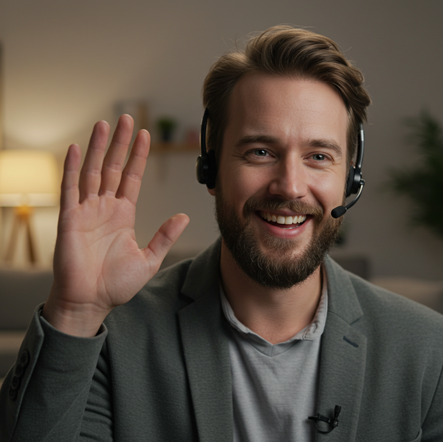 Happy bearded man waving with hand up