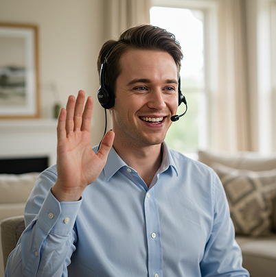 Man in blue shirt smiling